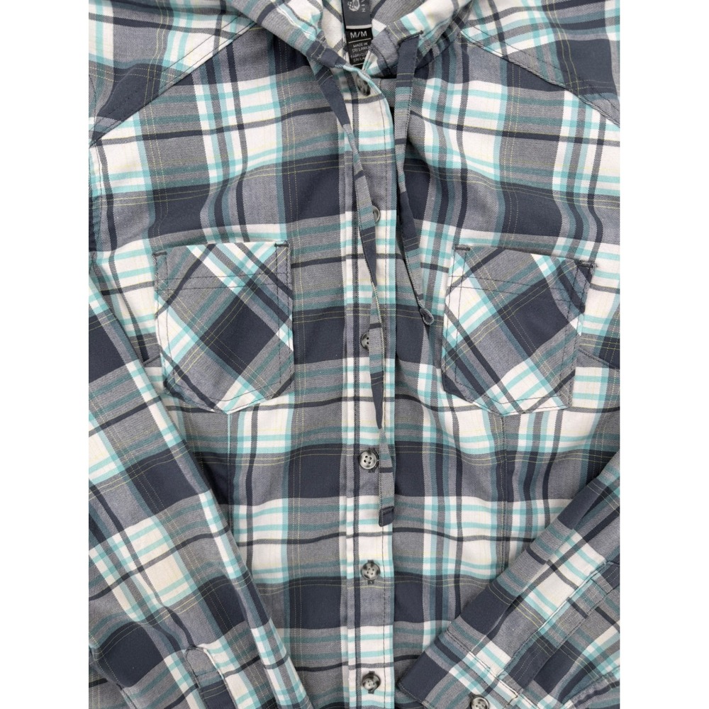 Mountain Hardwear Womens Plaid Hooded Flannel‎ Shirt Gray Teal Stretch Medium - Picture 2 of 8